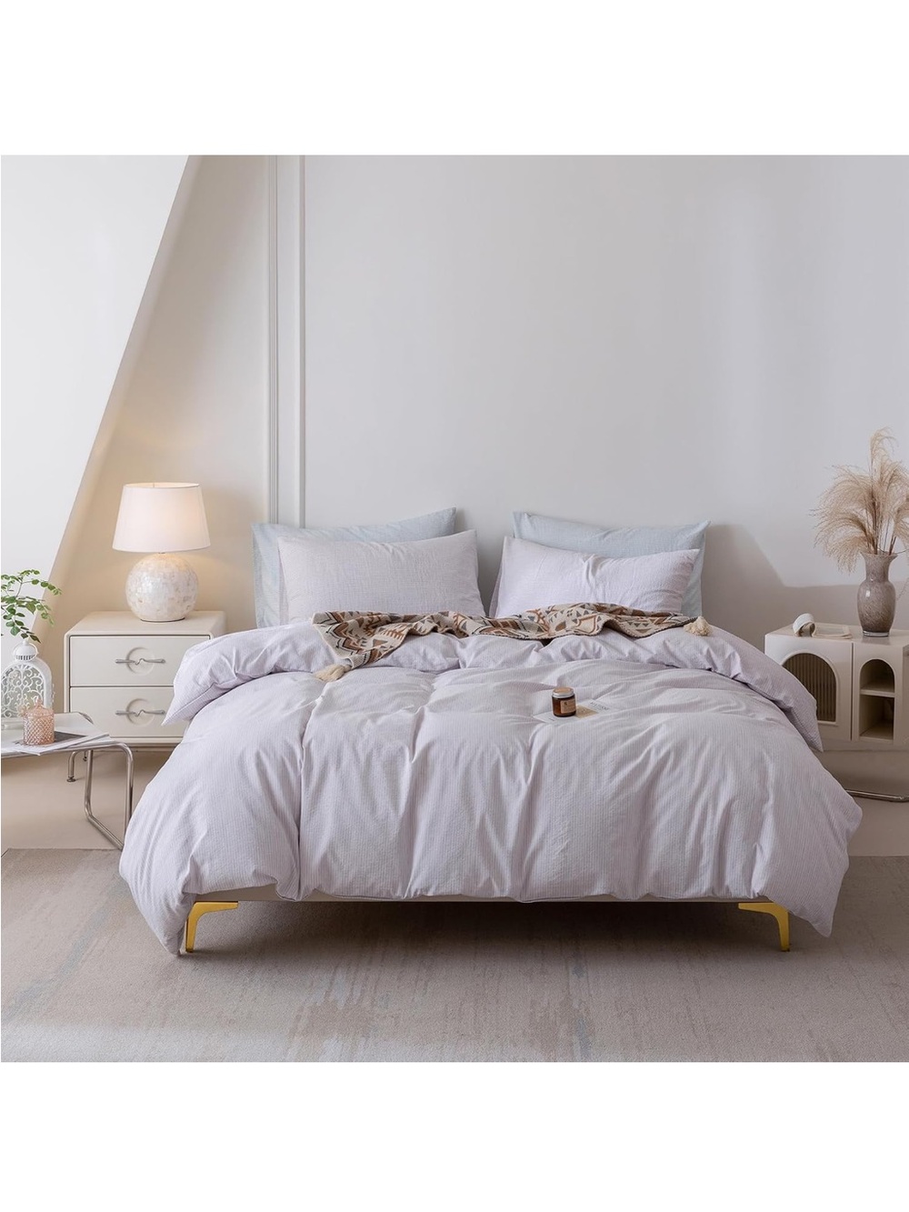 NEW 3Pcs Light Purple Pinstriped Duvet Cover Set Queen Size 90''Wx90''L - Picture 5 of 7